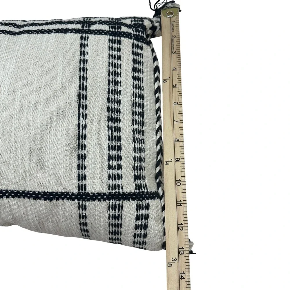 Woven Lumbar Pillow Black Cream Plaid Tassel Trim Textured Boho Accent 22x13